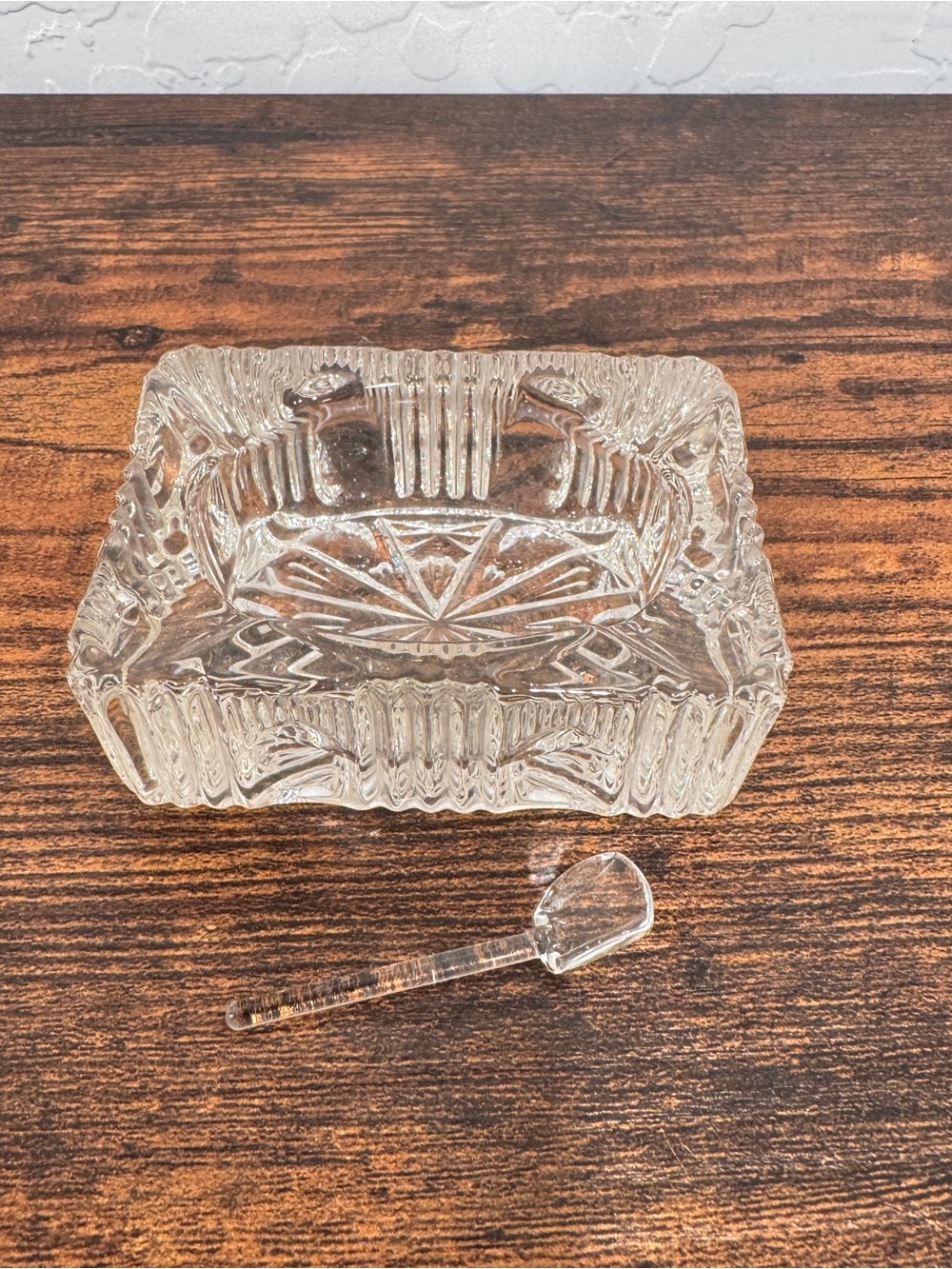 Vintage Etched Glass Clear Crystal Ash Tray Dish and Glass Spoon Scoop